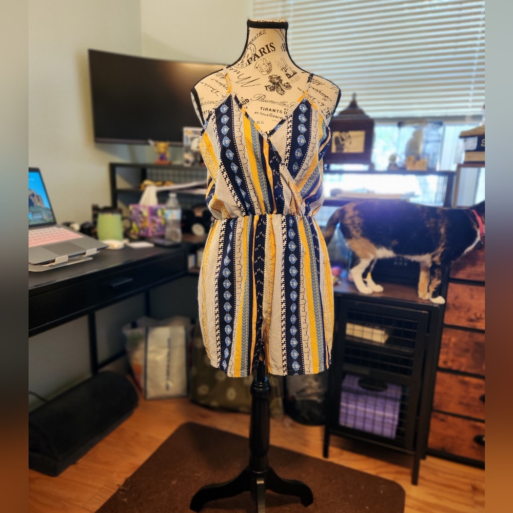 SHEIN Yellow and Blue Striped Romper